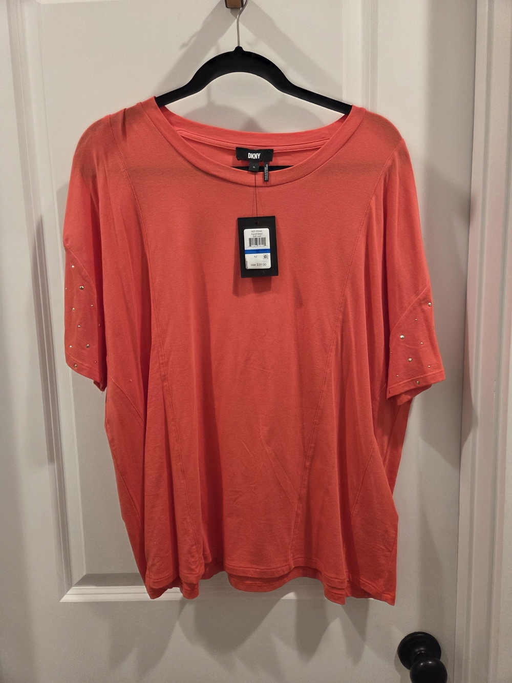 DKNY Coral Short Sleeve Tee with Studded Sleeves - Picture 1 of 2